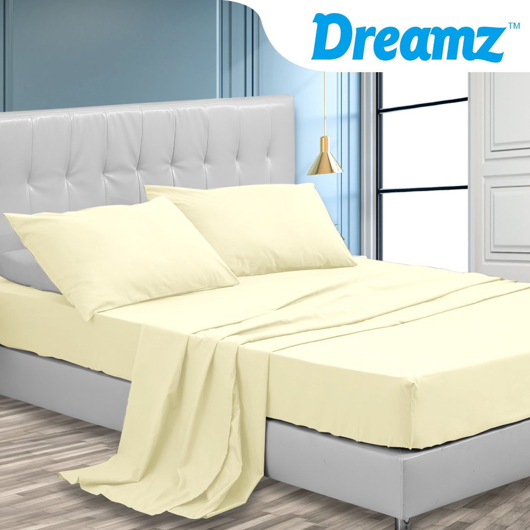 DreamZ 4 Piece Bed Sheet Set in soft microfiber, includes flat sheet, fitted sheet, and two pillowcases, suitable for Queen, King, and Super King beds.